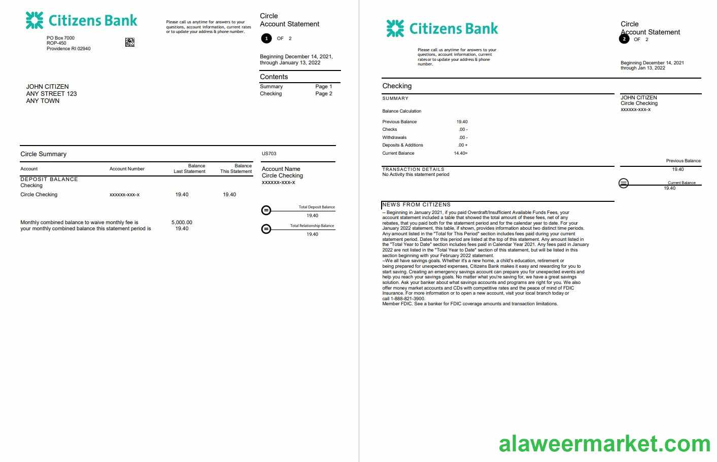 USA Citizens bank statement, Word and PDF template, 4 pages